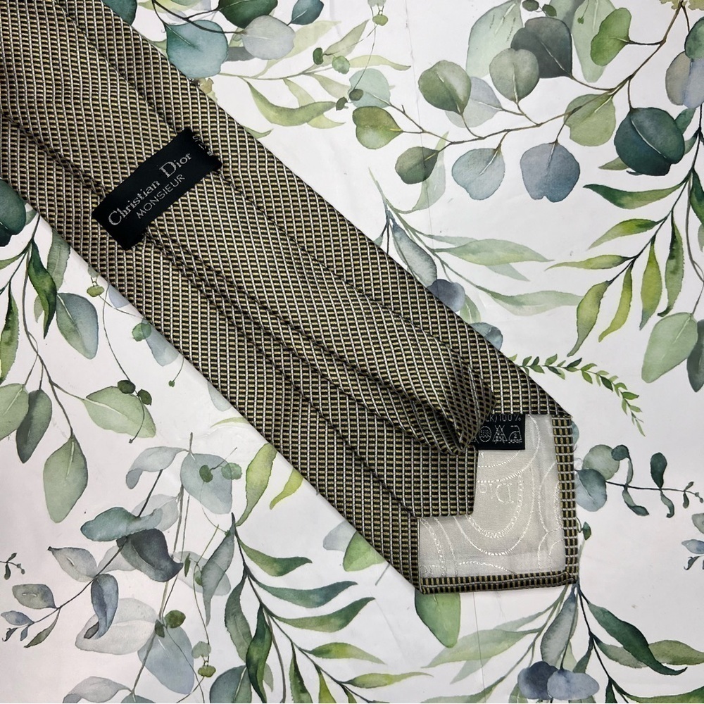 Christian Dior Gold & Black Geometric Printed Silk Neck Tie - Picture 6 of 7